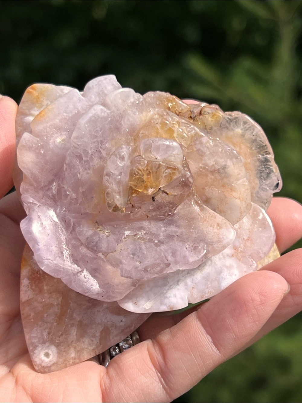 Pink (2) flower agate flower carving with stand | crystal